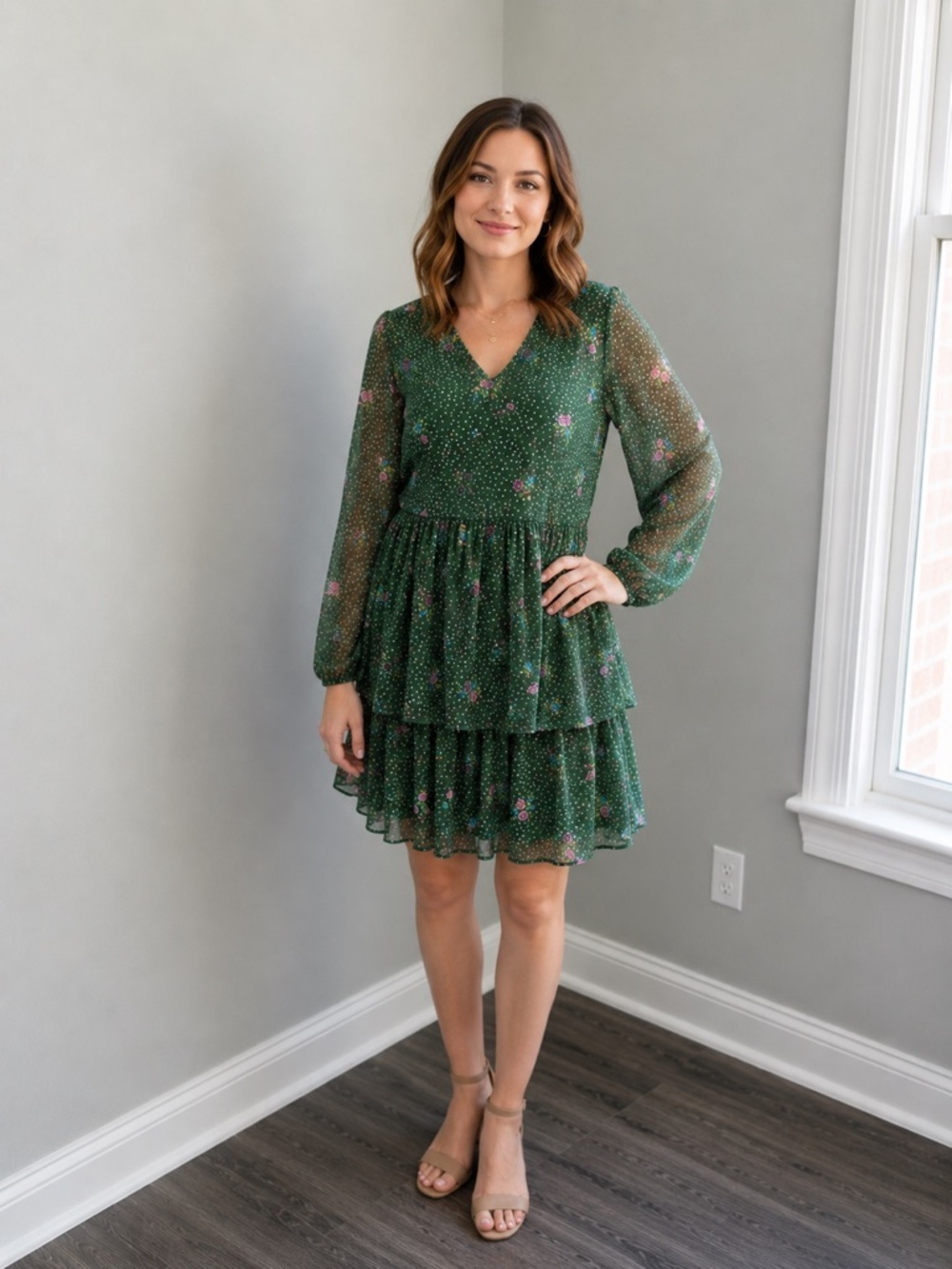 AVLN Studio Green Floral Tiered Dress Sheer Long Sleeve Fairy Forest Whimsical L